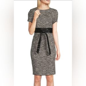 Calvin Klein Tweed Short Sleeve Crew Neck Faux Leather Belt Sheath Dress, 2